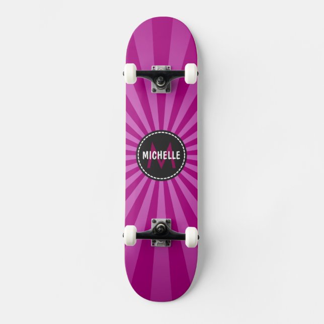 Monogram Purple Funky Sun Rays Pattern Skateboard (Front)