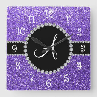 Monogram purple glitter diamond black circle square wall clock