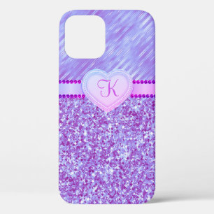 Monogram Purple Glitter Heart 2 Tone iPhone 12 Case