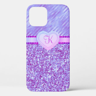 Monogram Purple Glitter Heart  2 Tone iPhone 12 Case