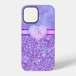 Monogram Purple Glitter Heart 2 Tone iPhone 12 Case