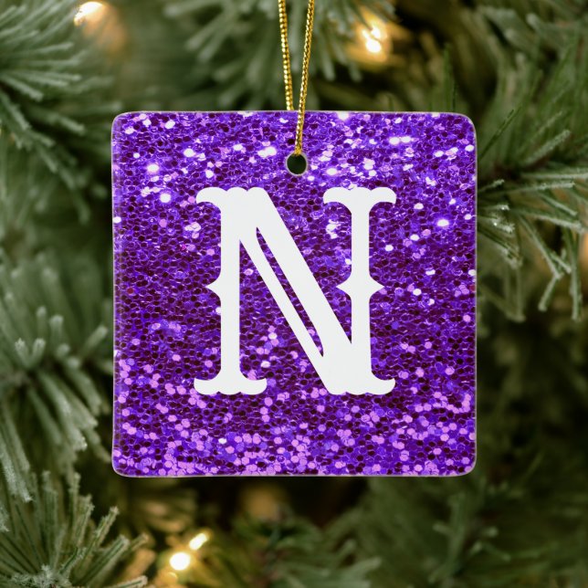 Monogram Purple Glitter Metallic Christmas  Ceramic Ornament (Tree)
