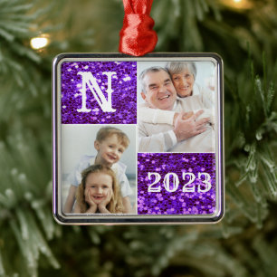 Monogram Purple Glitter Photo Christmas Holiday Metal Tree Decoration