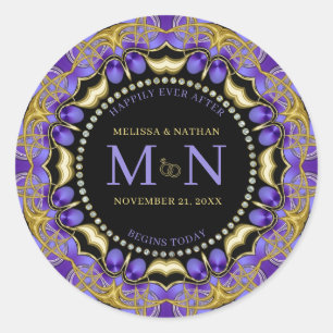 Monogram Purple Gold Diamond Lace Unique Wedding Classic Round Sticker