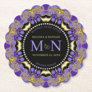 Monogram Purple Gold Diamond Lace Unique Wedding Paper Coaster