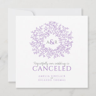 Monogram purple leaves wedding cancelled announcement