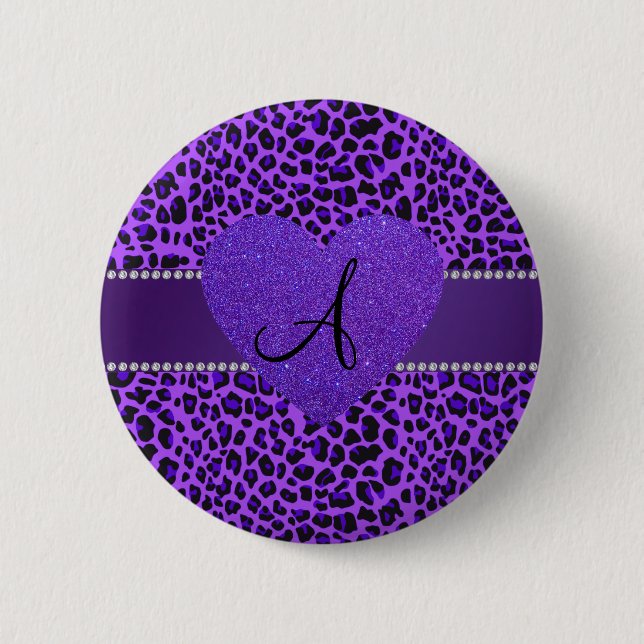 Monogram purple leopard heart 6 cm round badge (Front)