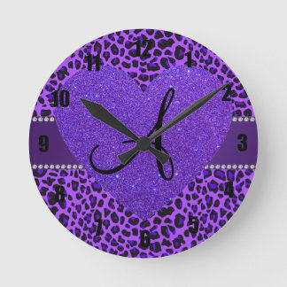 Monogram purple leopard heart round clock