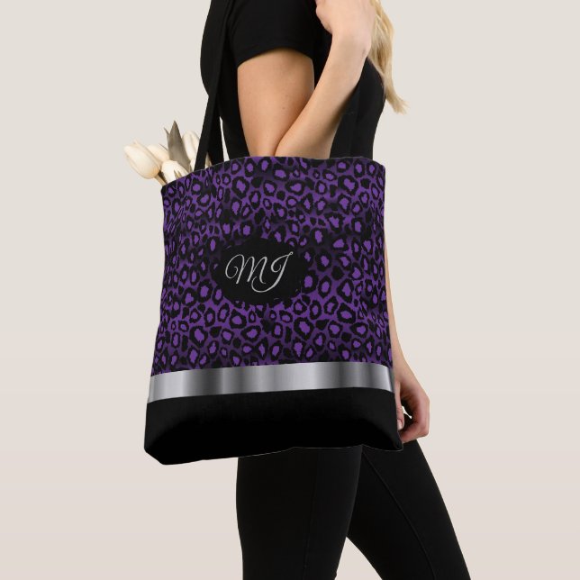 Monogram Purple Leopard Pattern Tote Bag (Close Up)