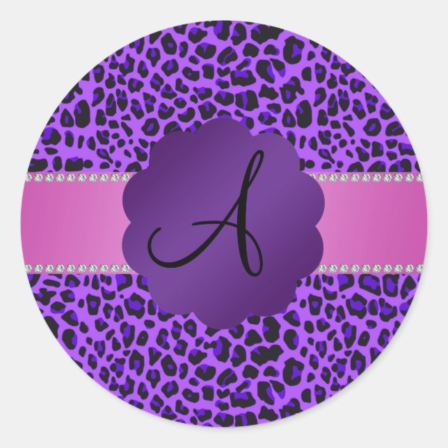 Monogram purple leopard print classic round sticker (Front)