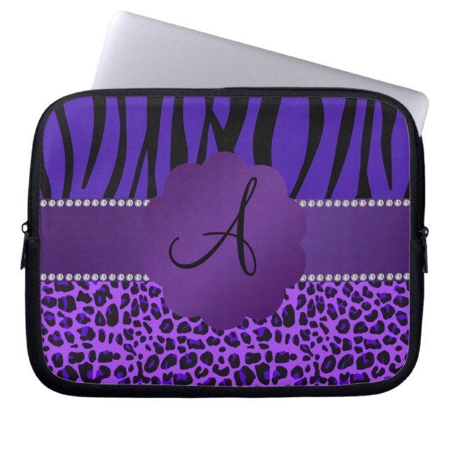 Monogram purple leopard zebra pattern laptop sleeve (Front)