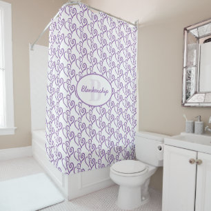 Monogram Purple Linked Heart Pattern Over White Shower Curtain