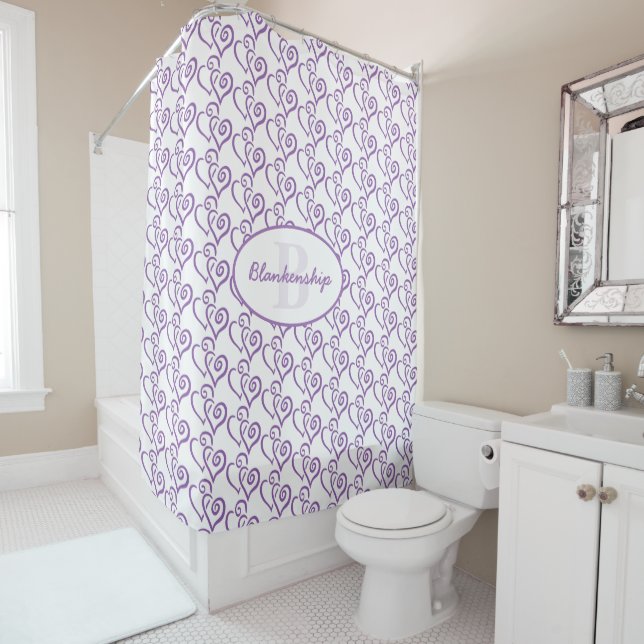 Monogram Purple Linked Heart Pattern Over White Shower Curtain (In Situ)