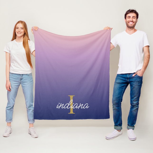 Monogram Purple Ombre Stylish Script Name Fleece Blanket (In Situ)