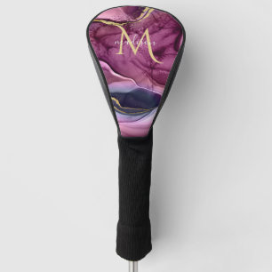 Monogram Purple Pink and Gold Agate Geode  Golf He Golf Head Cover