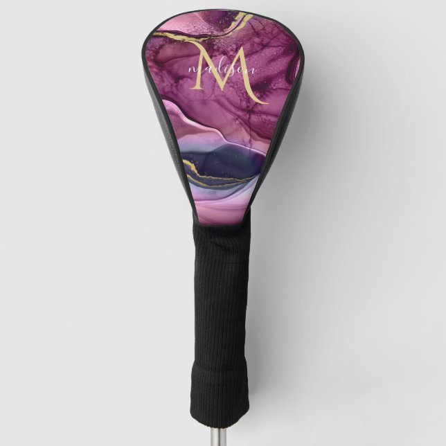 Monogram Purple Pink and Gold Agate Geode  Golf He Head Cover (Front)