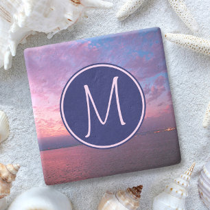 Monogram Purple Pink Blue California Ocean Sunset Stone Coaster