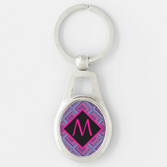 Monogram Purple Pink Diamond Chequered Pattern Art Key Ring (Front)