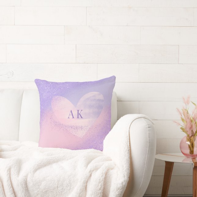 Monogram Purple Pink Gradient Heart  Cushion (Couch)