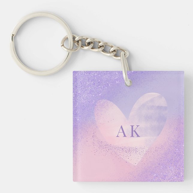 Monogram Purple Pink Gradient Heart  Key Ring (Front)