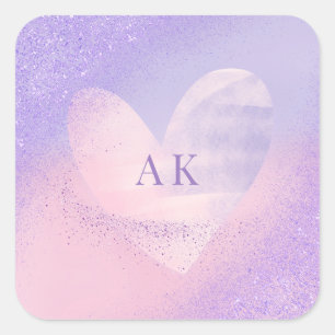 Monogram Purple Pink Gradient Heart Square Sticker