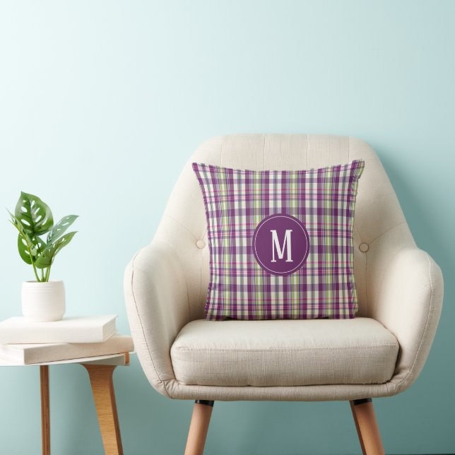 Monogram Purple Pink Green Design Plaid Pattern Cushion (Chair)