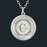 Monogram Purple Pink Green Floral Gift Her Silver Plated Necklace<br><div class="desc">Personalise this Round Silver Necklace with your last name or first name and your initial.  You are able to change the font or the colour of the text.</div>