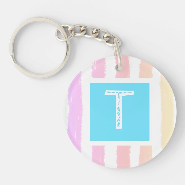 Monogram Purple Pink Watercolor Stripes  Key Ring (Front)