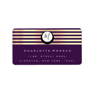 Monogram Purple Plum Faux Gold RSVP Stripes Label