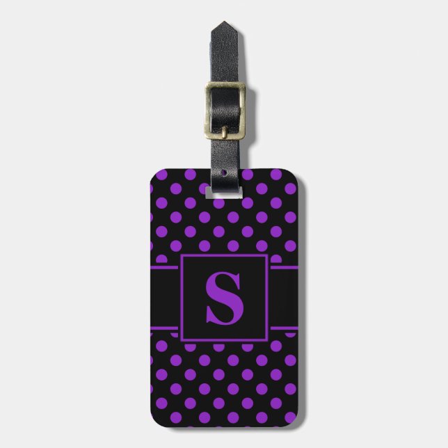 Monogram Purple Polka Dots on Black Luggage Tag (Front Vertical)