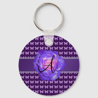 Monogram purple roses butterflies key ring