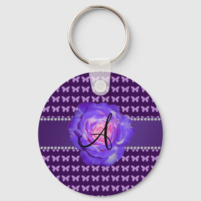 Monogram purple roses butterflies key ring (Front)