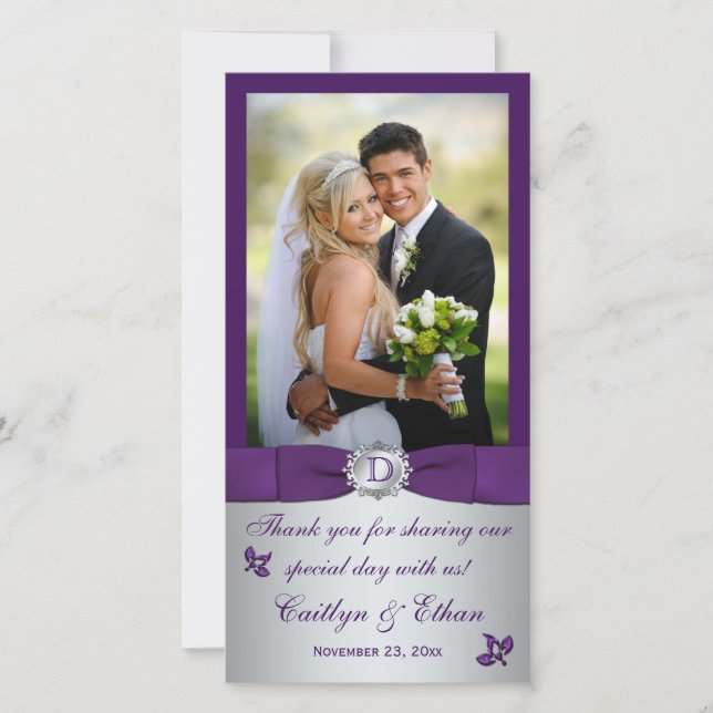 Monogram Purple, Silver Floral Wedding Photo Card (Front)