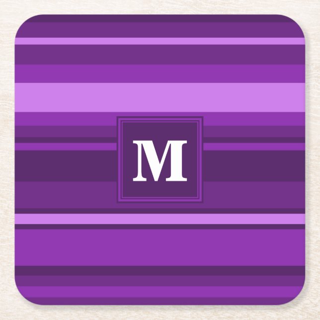 Monogram purple stripes square paper coaster (Front)