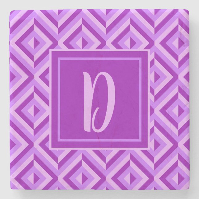 Monogram Purple Three-Tone Diamond Pattern Stone Coaster (Front)