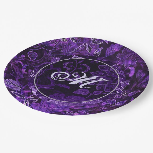 Monogram Purple Vintage Floral Paper Plates (Angled)