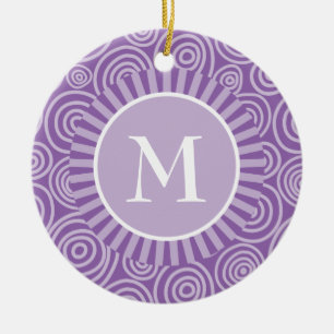 Monogram Purple White Spirals - Personalized Ceramic Tree Decoration