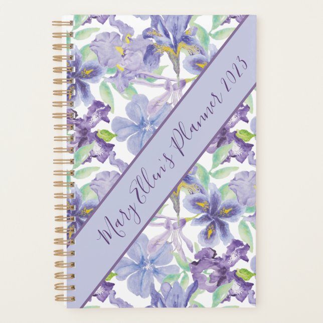 Monogram Purple Yellow Iris Floral Watercolor Year Planner (Front)