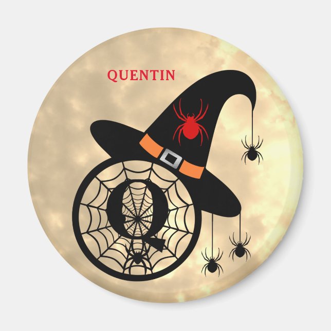 Monogram Q Halloween Sky Witch Spiders Name Magnet (Front)
