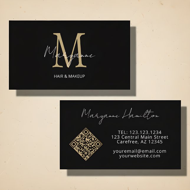 Monogram QR Code Black Gold Business Card (Creator Uploaded)