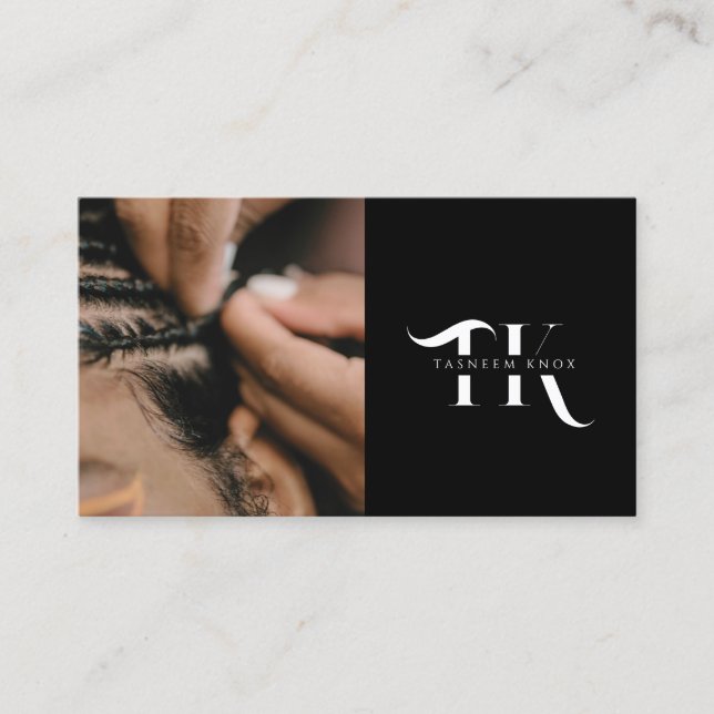 monogram qr code braid stylist photo  business card (Front)