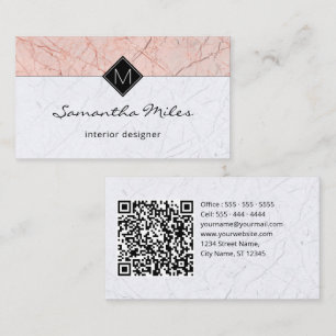 Monogram QR Code Elegant Rose Grey Marble Business Card