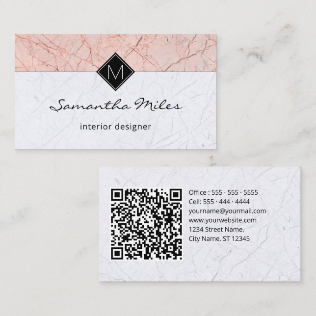 Monogram QR Code Elegant Rose Grey Marble Business Card (Front/Back)