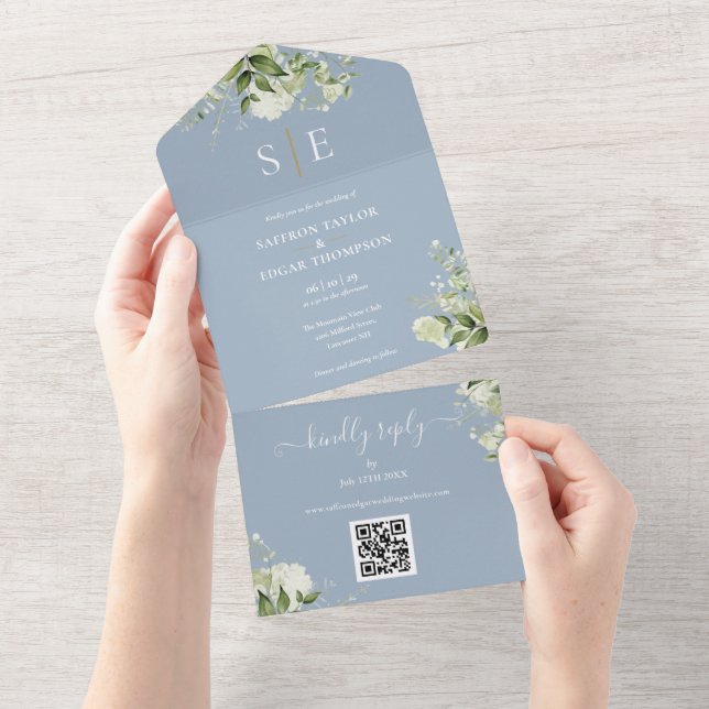 Monogram QR Code Greenery Dusty Blue Wedding All In One Invitation (Tearaway)
