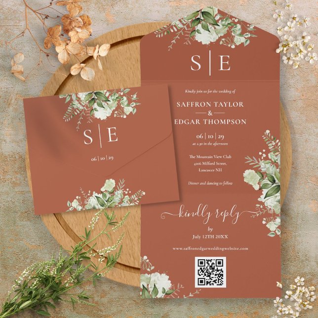 Monogram QR Code Greenery Terracotta Wedding All In One Invitation (Monogram QR Code Greenery Terracotta Wedding All In One Invitation)