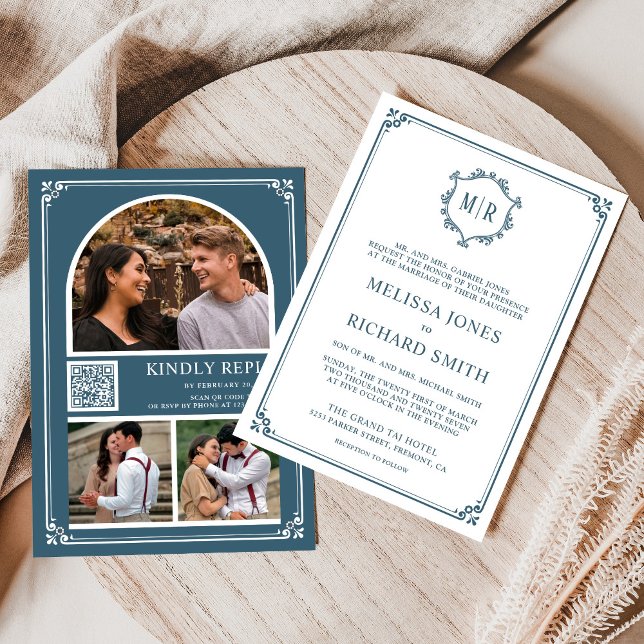 Monogram QR Code Photo Collage Dusty Blue Wedding Invitation (Creator Uploaded)