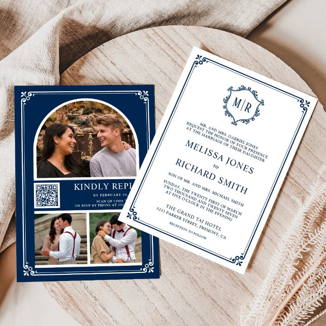 Monogram QR Code Photo Collage Navy Blue Wedding Invitation (Creator Uploaded)