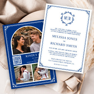 Monogram QR Code Photo Collage Royal Blue Wedding Invitation