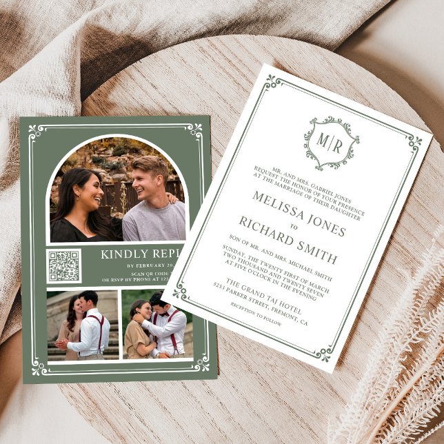 Monogram QR Code Photo Collage Sage Green Wedding Invitation (Creator Uploaded)