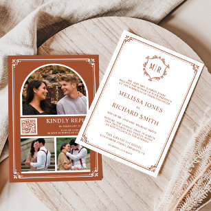 Monogram QR Code Photo Collage Terracotta Wedding Invitation